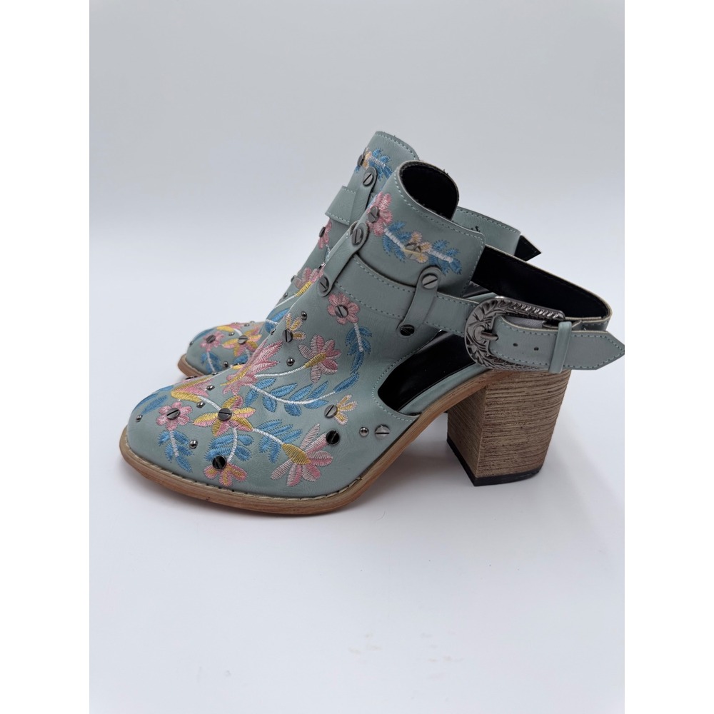 Floral Embroidered Western Ankle Booties Blue Studded Boho Fairycore Cowgirl Y2K - Picture 3 of 9
